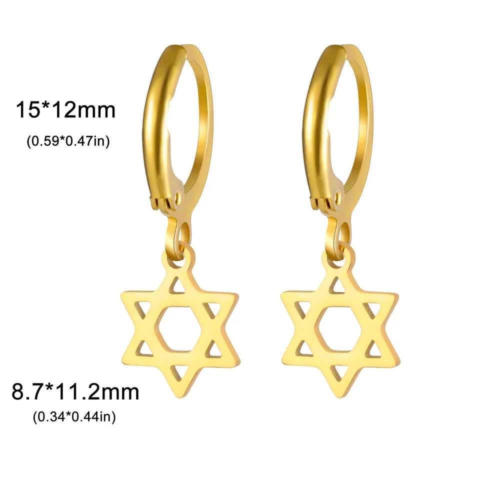 Pendientes colgantes para mujer con la <span data-glossary-id="etoile-de-david">estrella de David</span> simbólica judía de oro