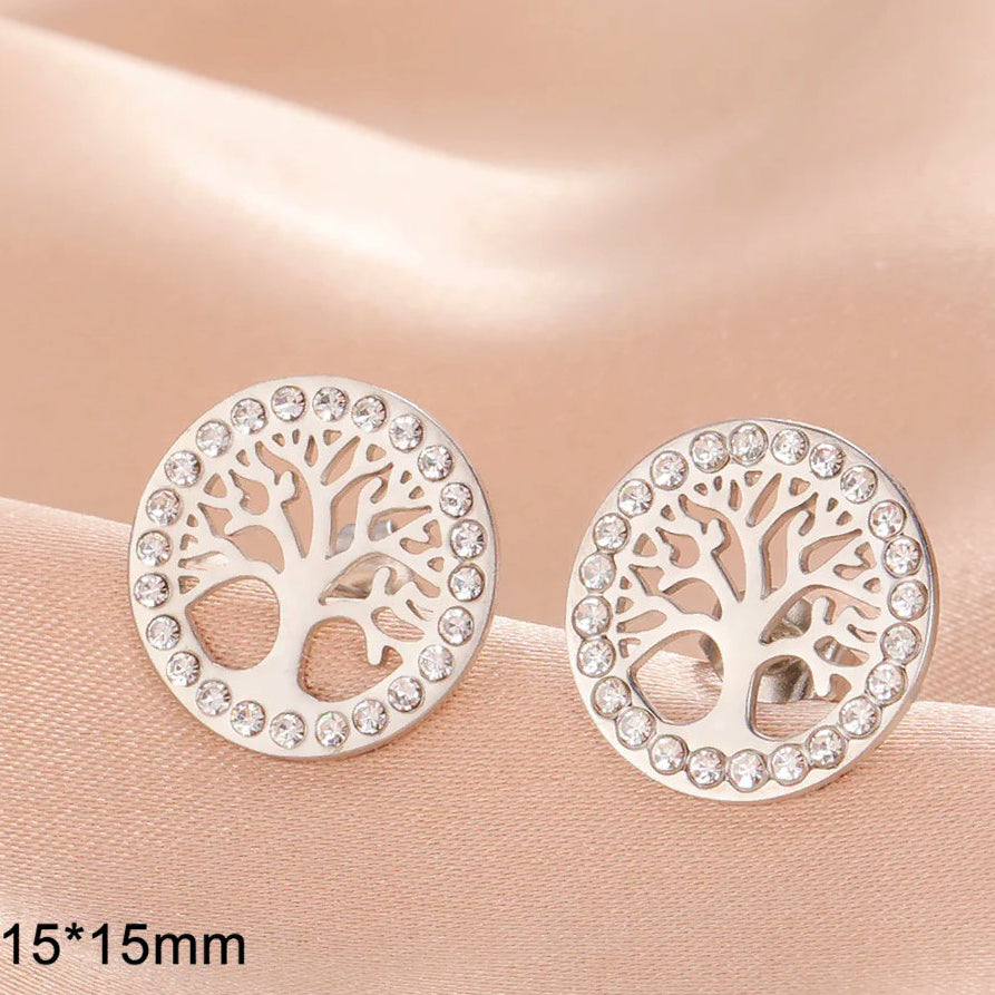 Pendientes redondos árbol de la vida adornados con strass plateado