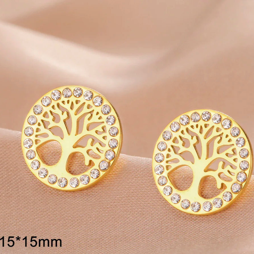 Pendientes redondos árbol de la vida adornados con strass dorado