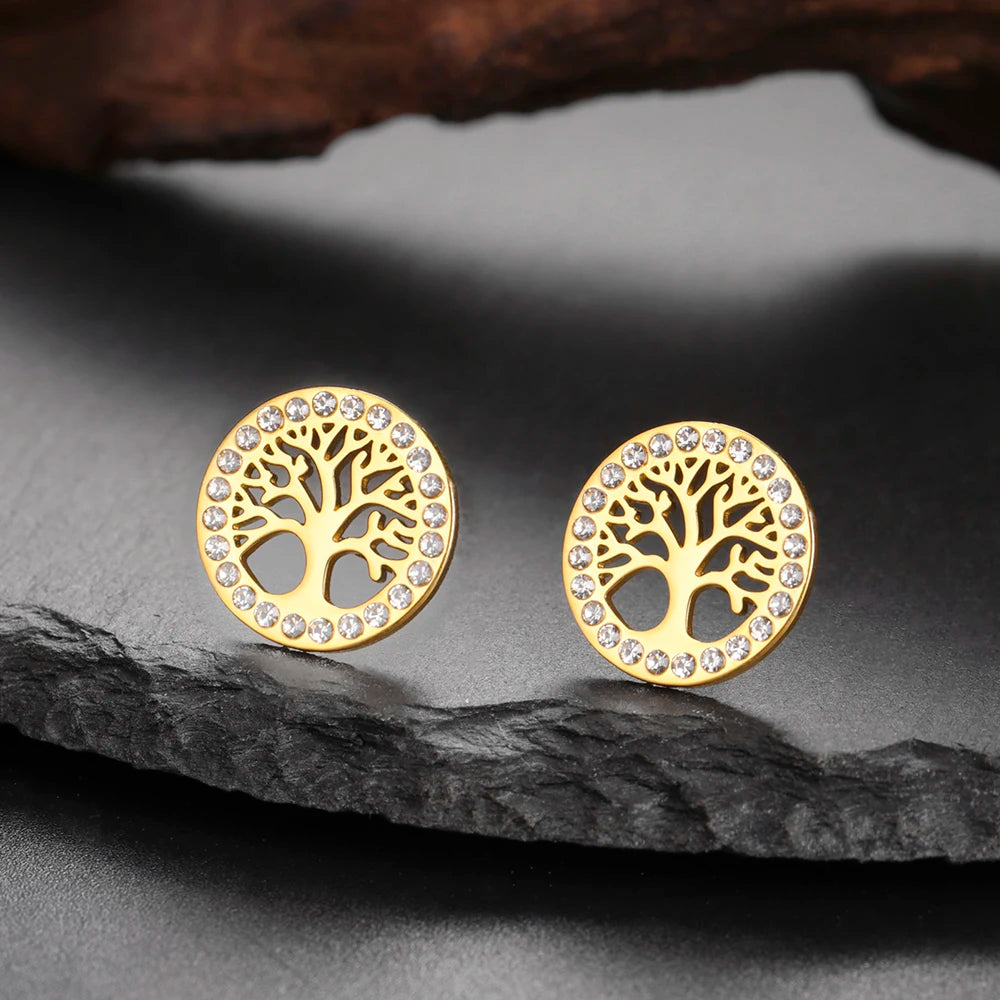 Pendientes redondos árbol de la vida adornados con strass dorado