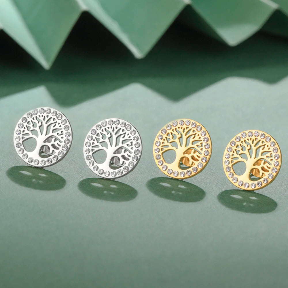 Pendientes redondos árbol de la vida adornados con strass 
