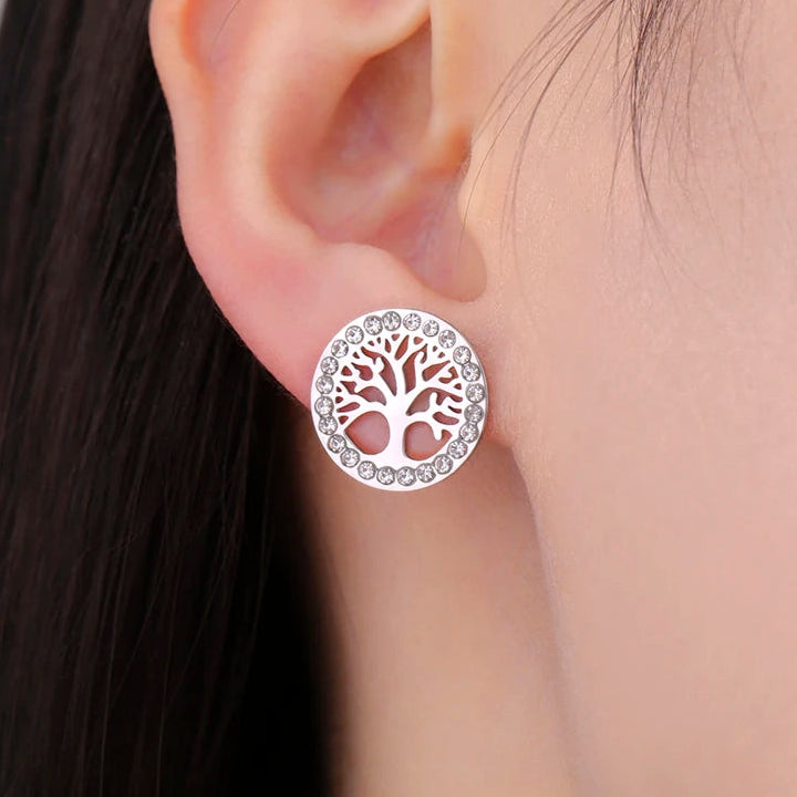 Pendientes redondos árbol de la vida adornados con strass plateado