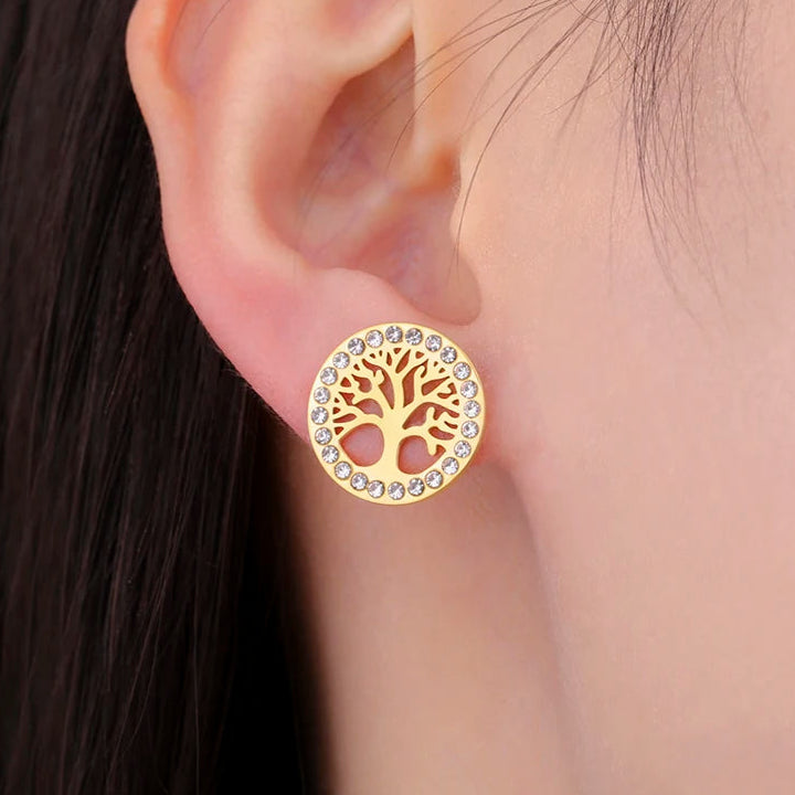 Pendientes redondos árbol de la vida adornados con strass dorado
