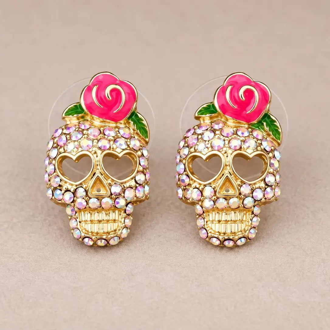 Pendientes de calavera Calavera con strass, rosa y ojos en forma de corazón