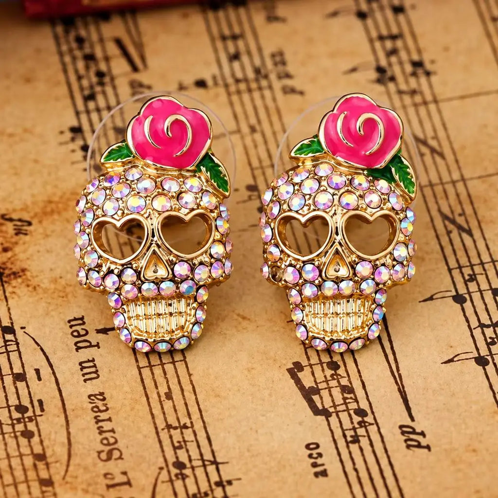 Pendientes de calavera Calavera con strass, rosa y ojos en forma de corazón