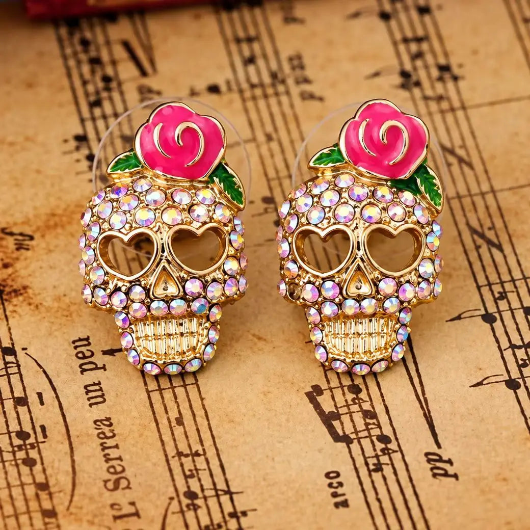 Pendientes de calavera Calavera con strass, rosa y ojos en forma de corazón