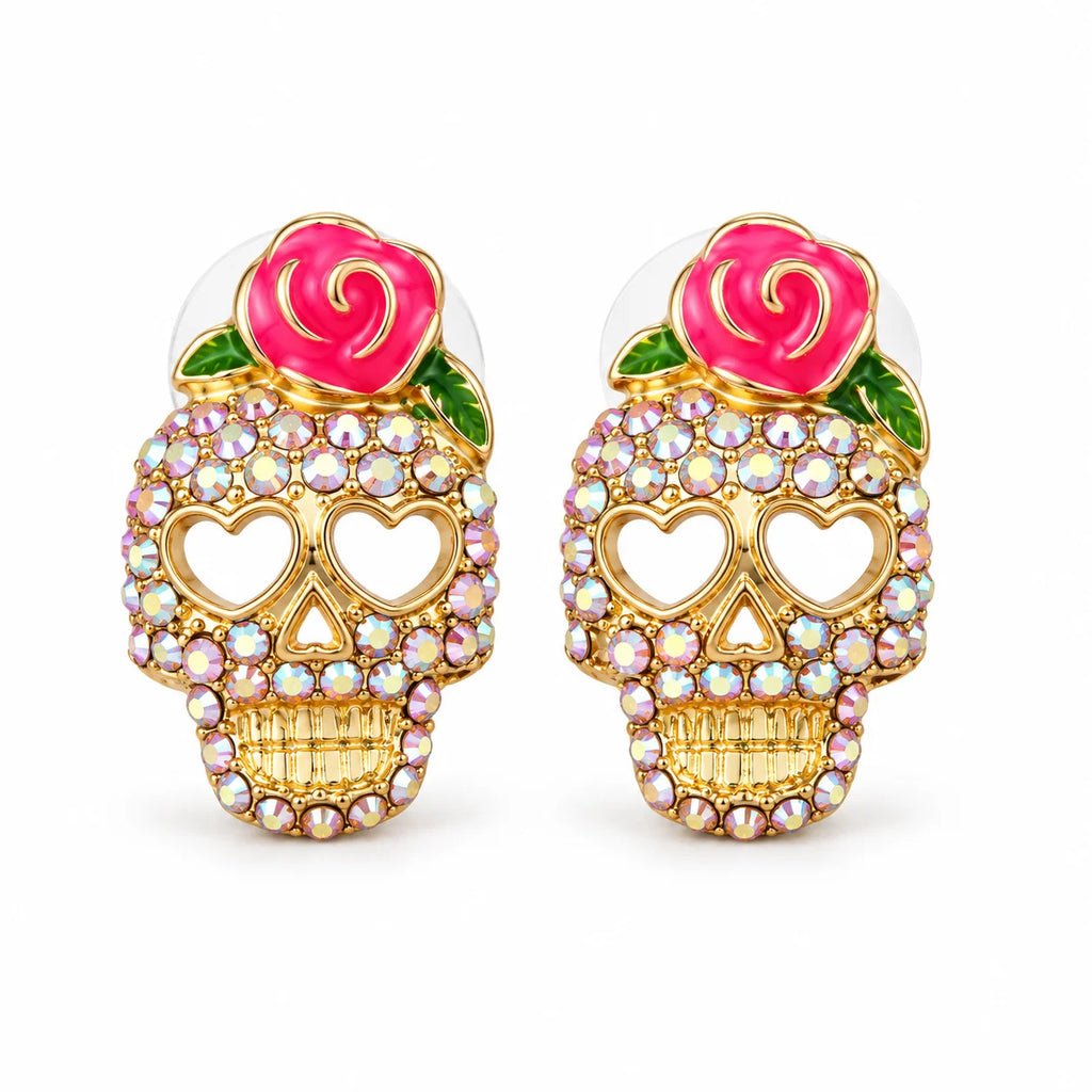 Pendientes de calavera Calavera con strass, rosa y ojos en forma de corazón