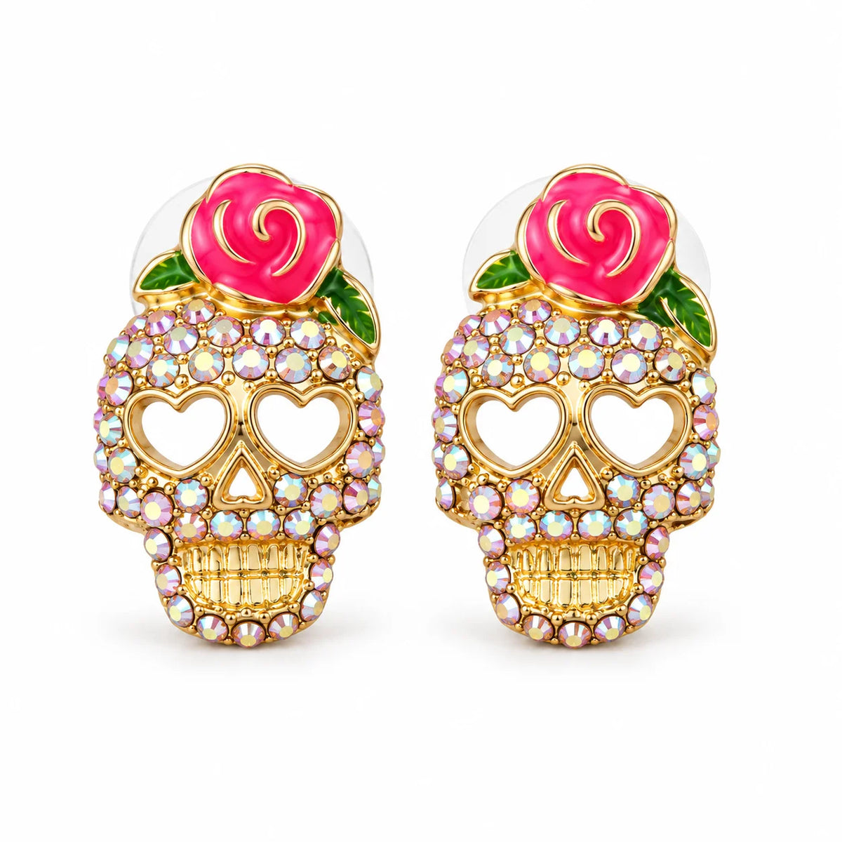 Pendientes de calavera Calavera con strass, rosa y ojos en forma de corazón
