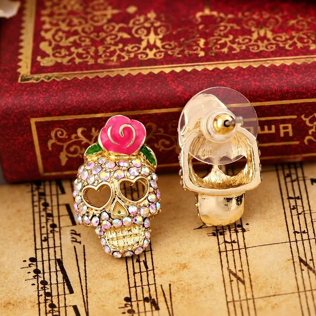 Pendientes de calavera Calavera con strass, rosa y ojos en forma de corazón