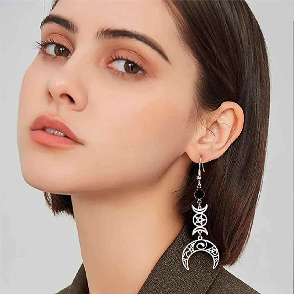 Pendientes Colgantes Triple Luna Brujería Wicca Mujer