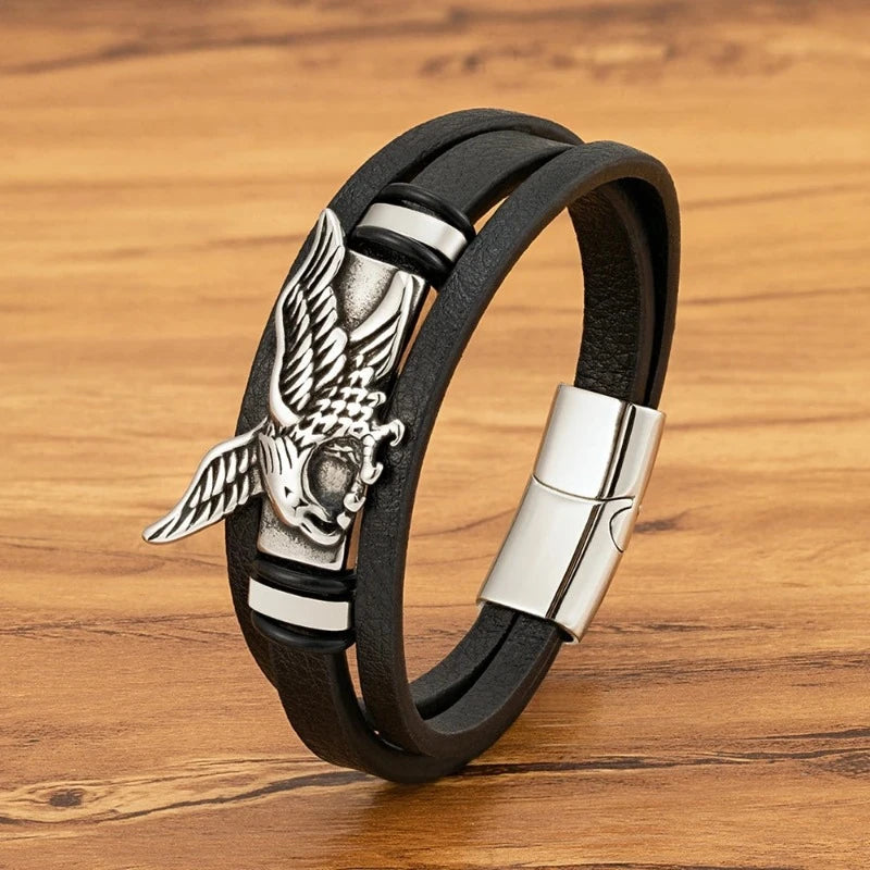 Pulsera Águila de Cuero para Hombre Plata