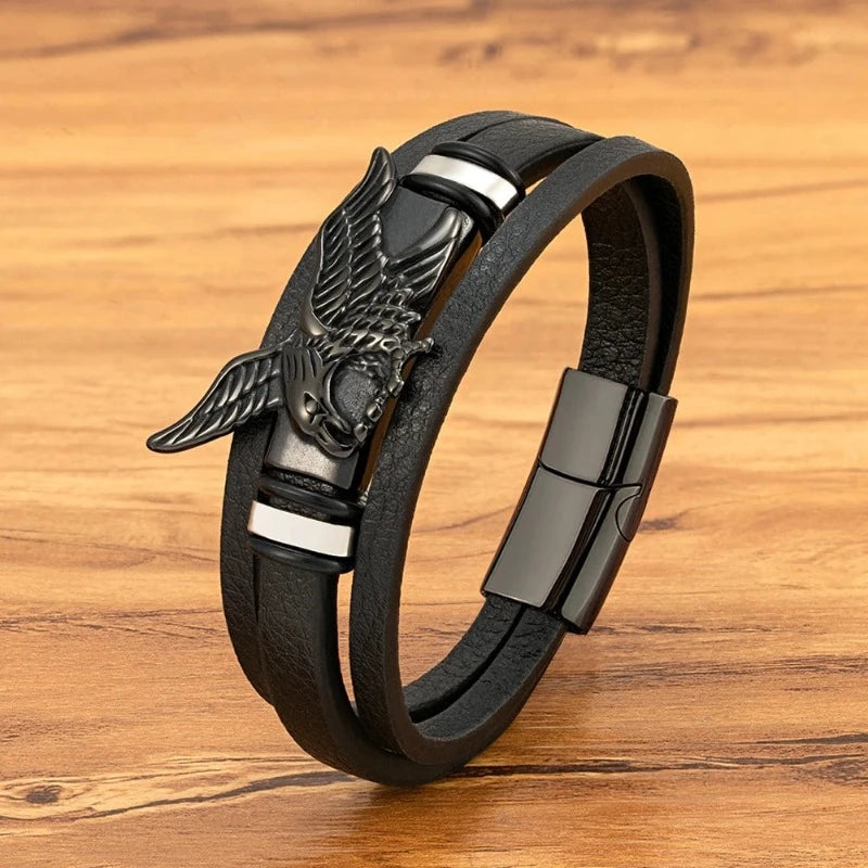 Pulsera Águila de Cuero para Hombre Negro
