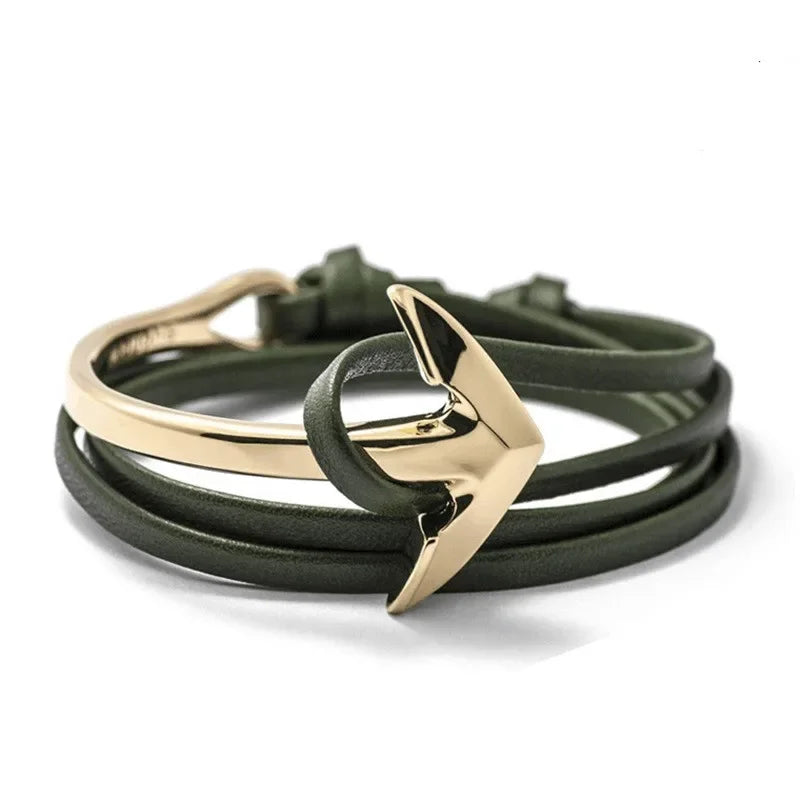 Pulsera ancha ajustable ancla dorada y verde