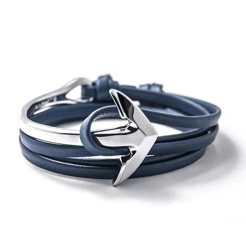 Pulsera ancha ajustable ancla plateada y azul