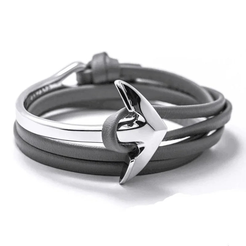 Pulsera ancha ajustable ancla plateada y gris
