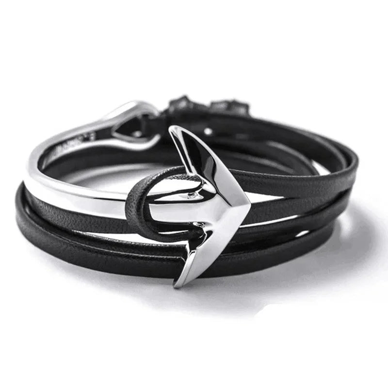 Pulsera ancha ajustable ancla plateada y negra