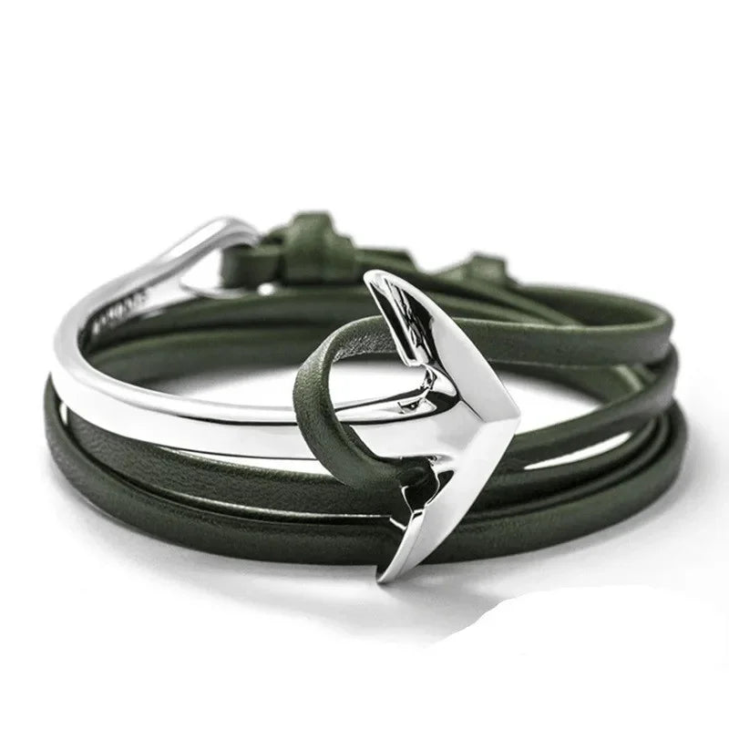 Pulsera ancha ajustable ancla plateada y verde