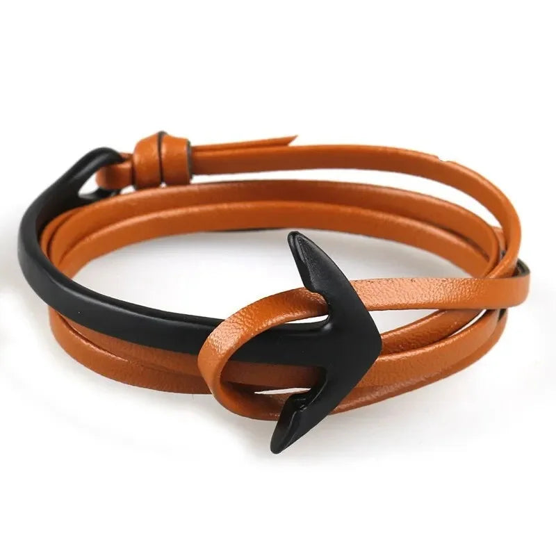 Pulsera ancha ajustable ancla negra y marrón