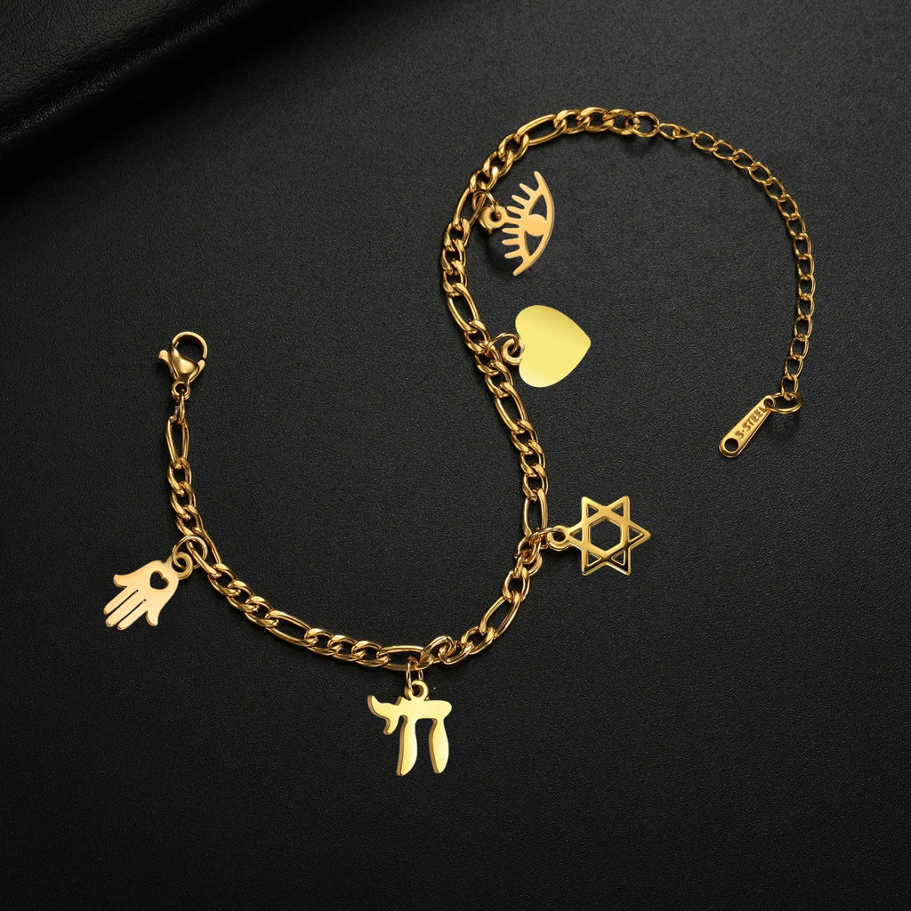 Pulsera ajustable con colgantes de protección judía oro