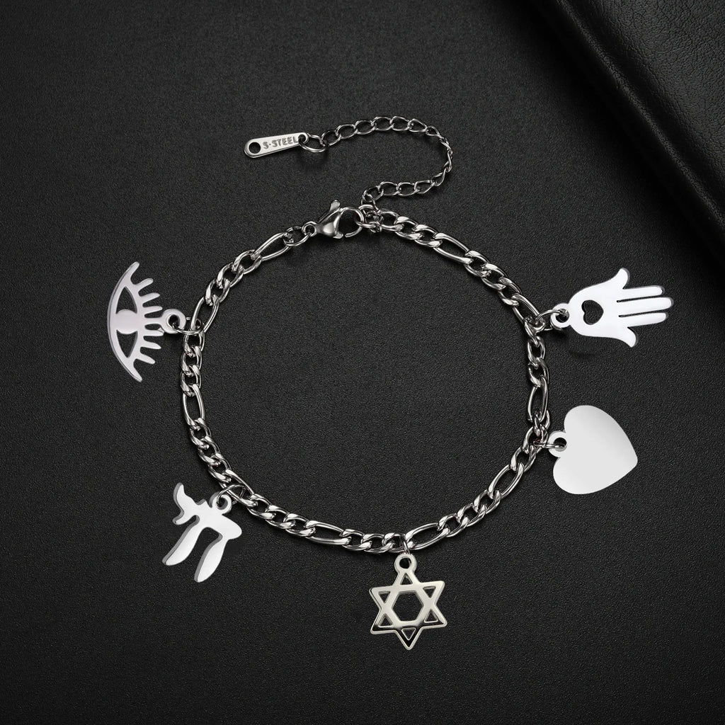 Pulsera ajustable con colgantes de protección judía plata