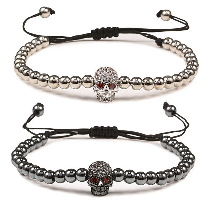 Beaded cord bracelet with mystical rhinestone skull in silver