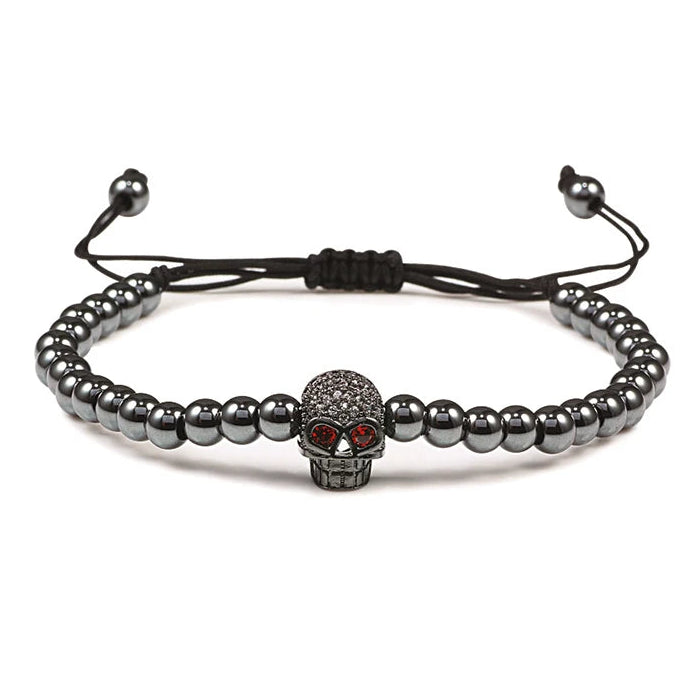 Beaded cord bracelet with mystical rhinestone skull in black