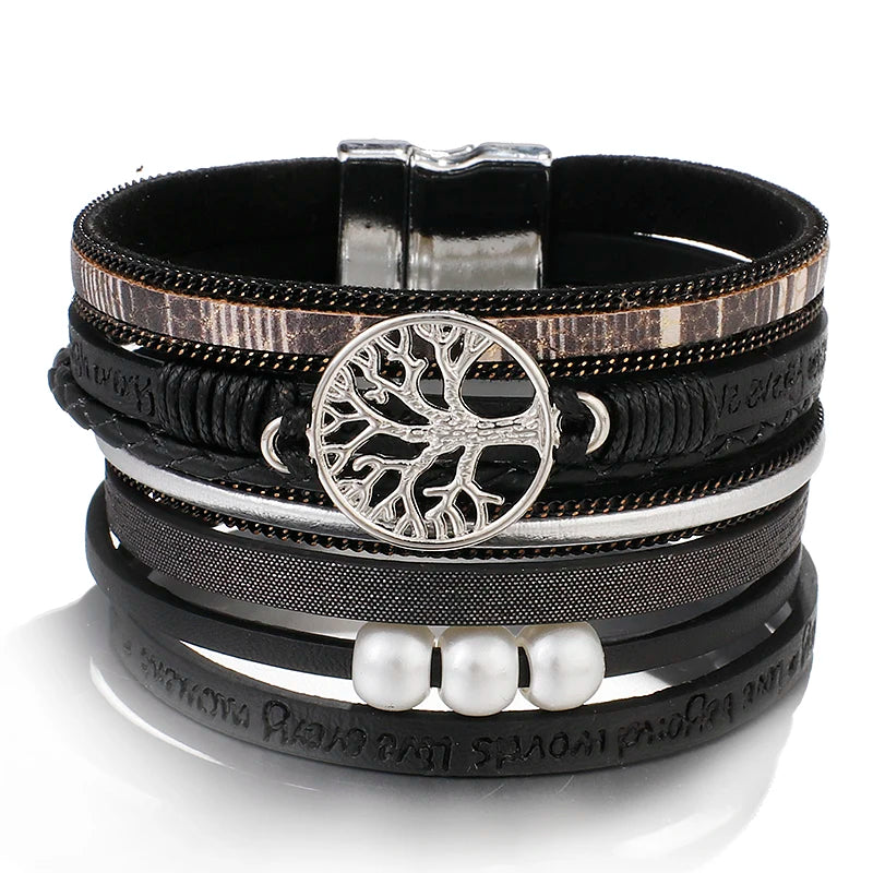 Pulsera Árbol de la Vida Pulsera de Cuero negro