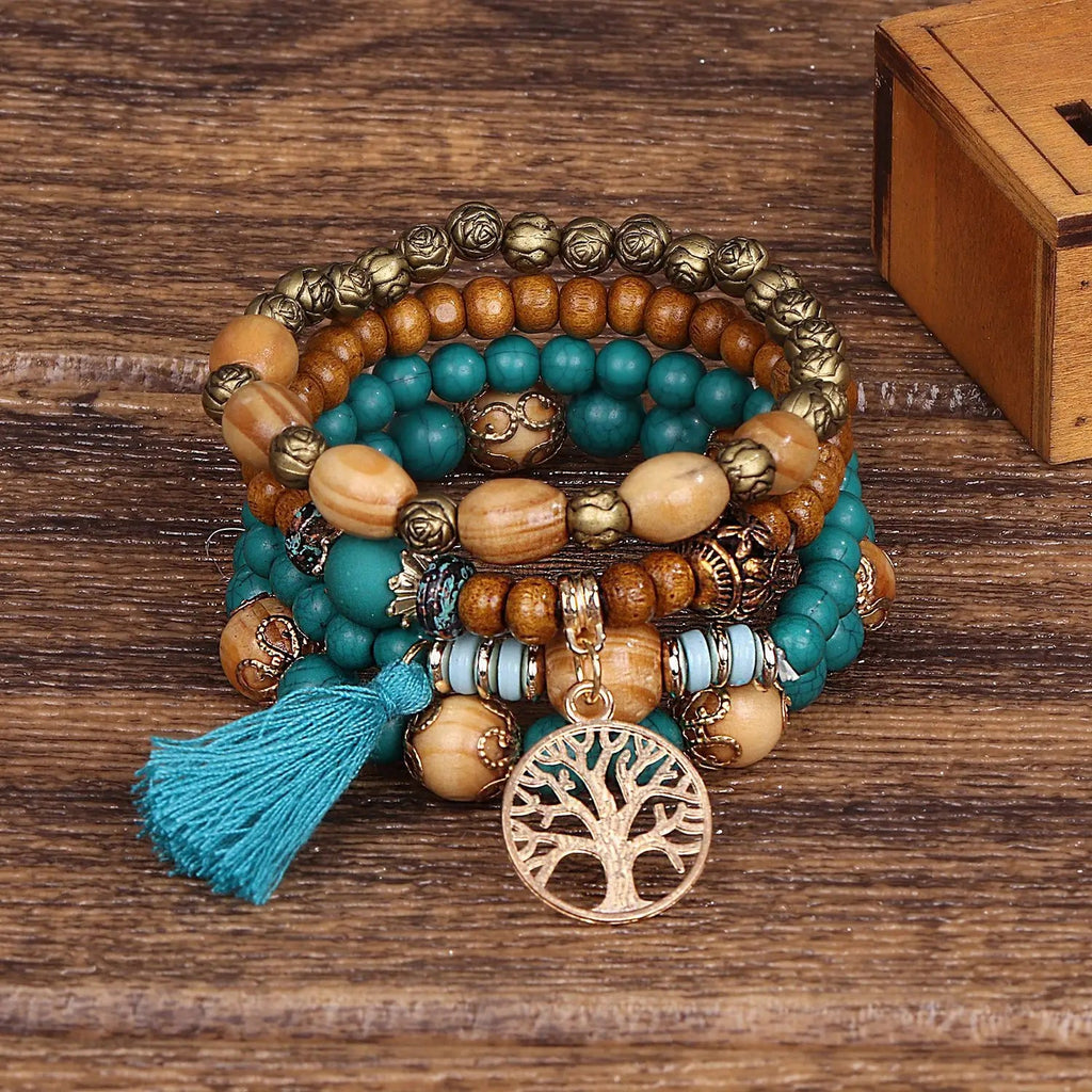 Pulsera Árbol de la Vida Cadena Mujer Perlas azul cielo