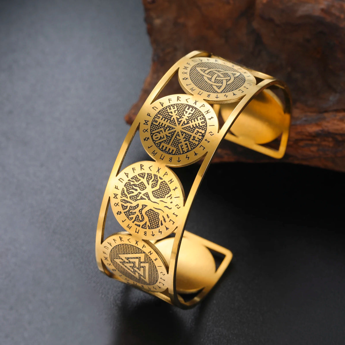 Pulsera árbol de la vida de estilo nórdico adornada con runas doradas