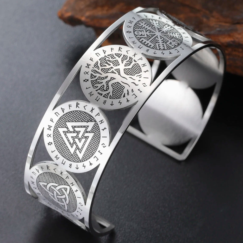 Pulsera árbol de la vida de estilo nórdico adornada con runas plateadas