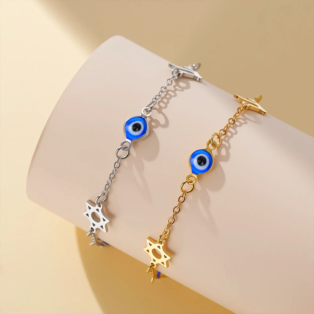 Pulsera con símbolos de protección ojo azul, Chai y la <span data-glossary-id="etoile-de-david">estrella de David</span>