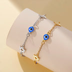 Pulsera con símbolos de protección ojo azul, Chai y la <span data-glossary-id="etoile-de-david">estrella de David</span>