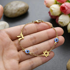 Pulsera con símbolos de protección ojo azul, Chai y la <span data-glossary-id="etoile-de-david">estrella de David</span> oro
