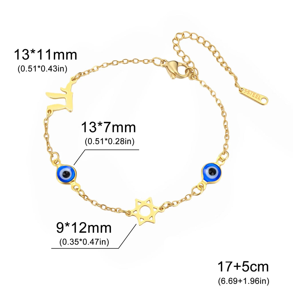 Pulsera con símbolos de protección ojo azul, Chai y la <span data-glossary-id="etoile-de-david">estrella de David</span> oro