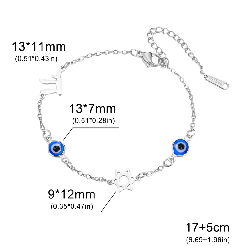 Pulsera con símbolos de protección ojo azul, Chai y la <span data-glossary-id="etoile-de-david">estrella de David</span> plata