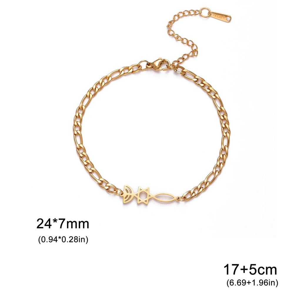 Pulsera con símbolos judíos Menorah y la <span data-glossary-id="etoile-de-david">Estrella de David</span> de oro