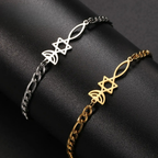 Pulsera con símbolos judíos Menorah y la <span data-glossary-id="etoile-de-david">Estrella de David</span> de oro
