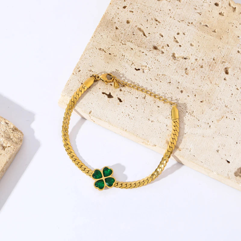 Pulsera con Trébol de 4 Hojas en Cristal Verde