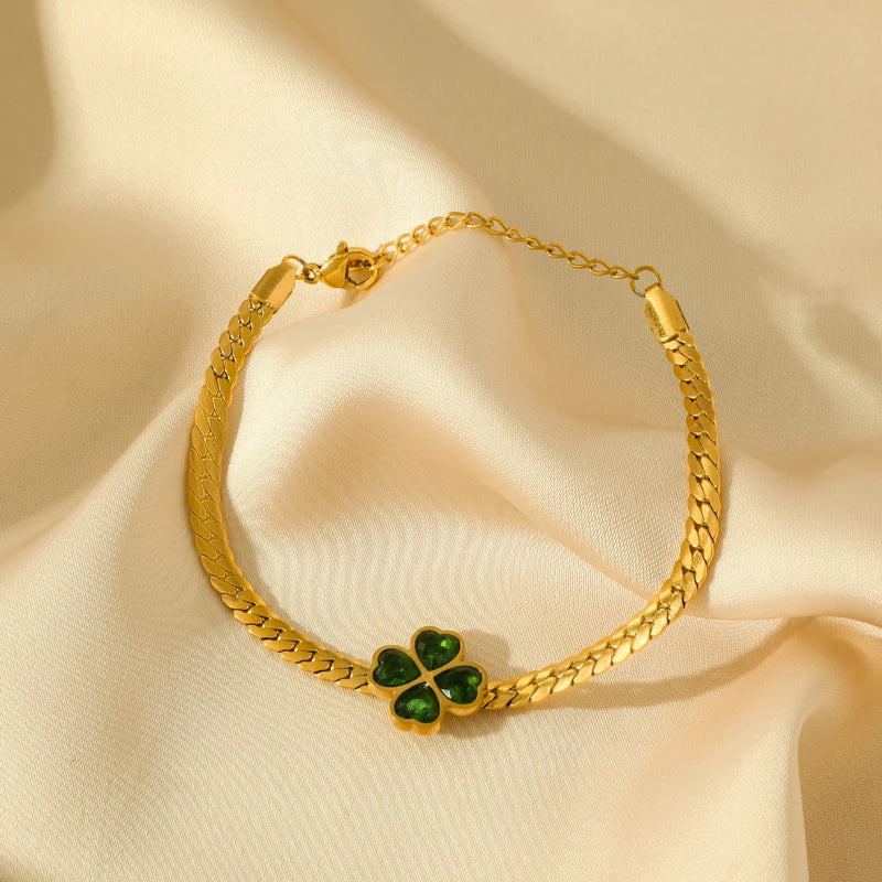 Pulsera con Trébol de 4 Hojas en Cristal Verde