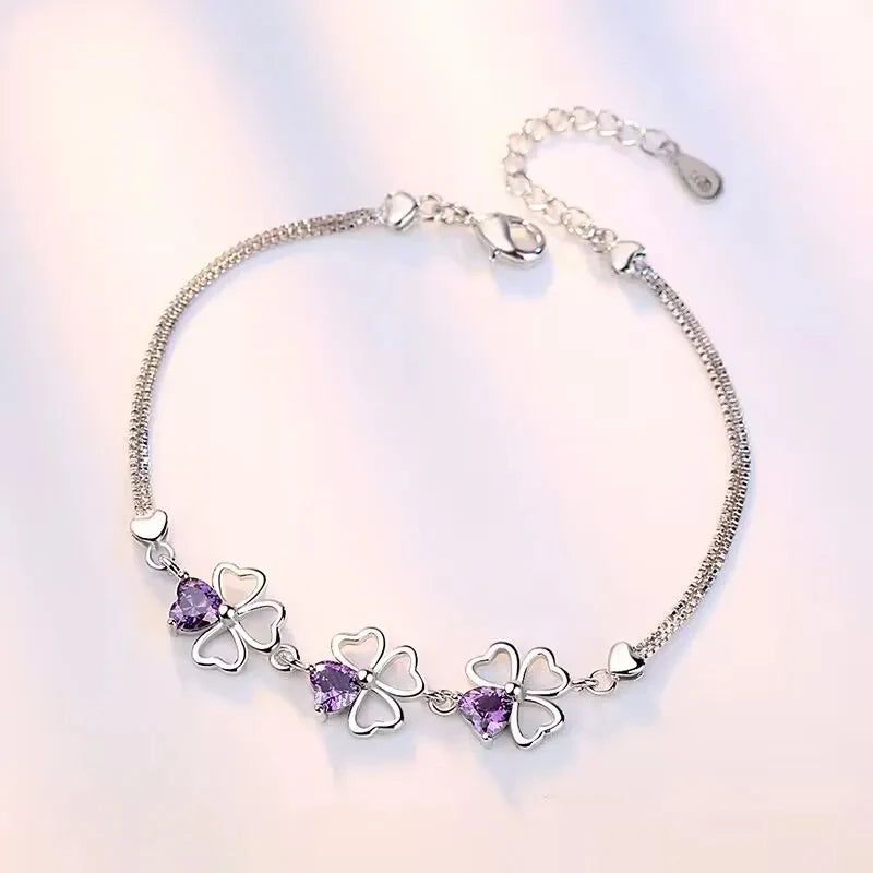 Pulsera con Tréboles de 4 Hojas con Circonio Violeta