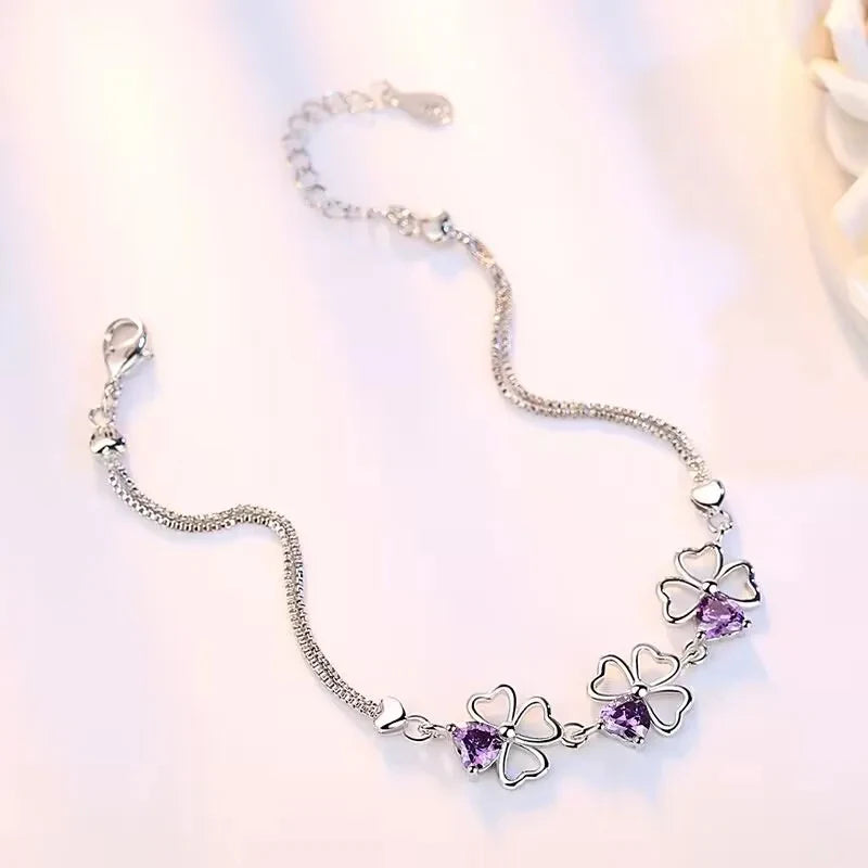 Pulsera con Tréboles de 4 Hojas con Circonio Violeta