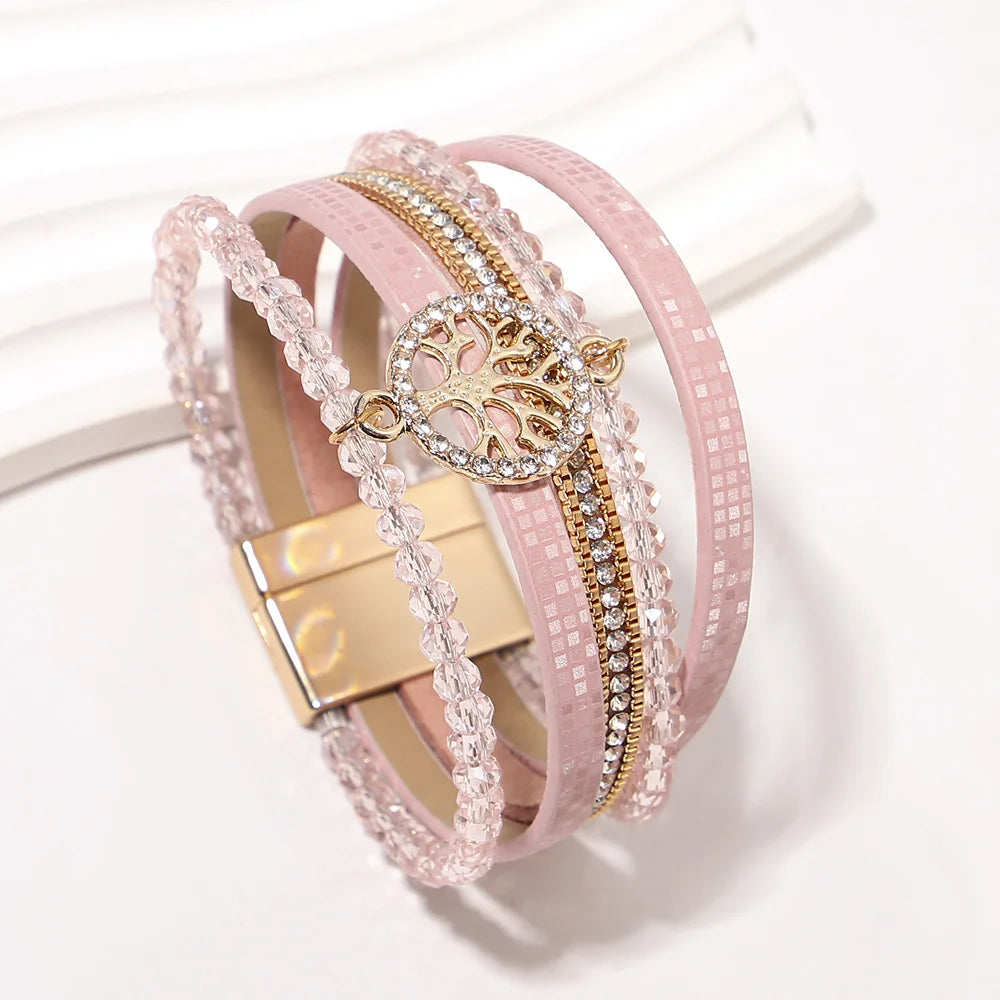 Pulsera boho multicapa árbol de la vida rosa