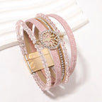 Pulsera boho multicapa árbol de la vida rosa