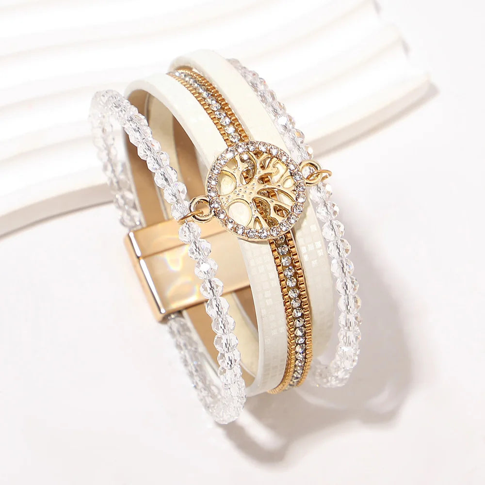 Pulsera boho multicapa árbol de la vida blanco