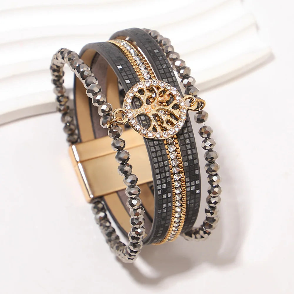 Pulsera boho multicapa árbol de la vida gris oscuro