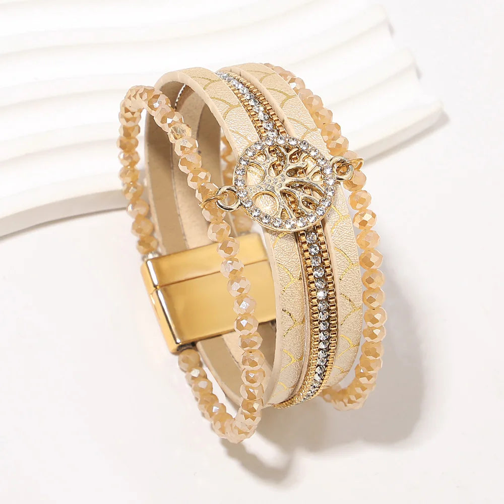 Pulsera boho multicapa árbol de la vida beige