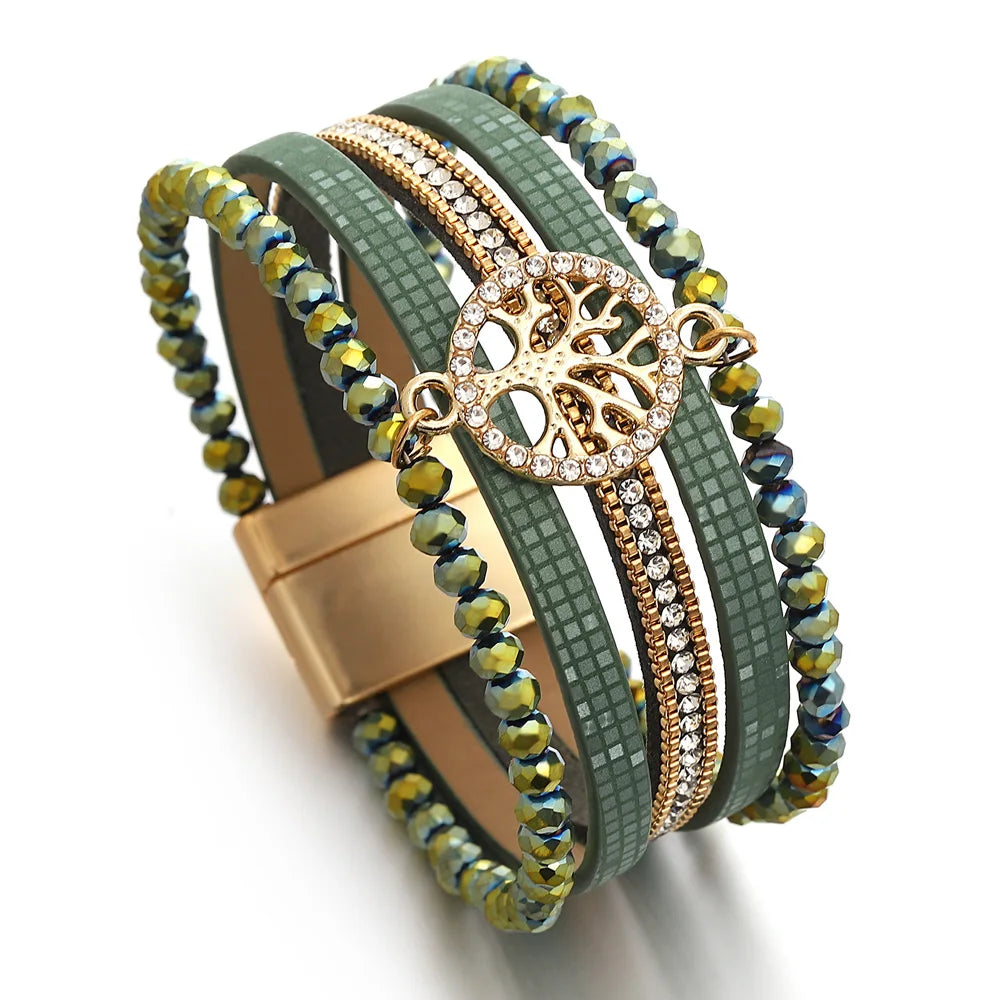 Pulsera boho multicapa árbol de la vida verde