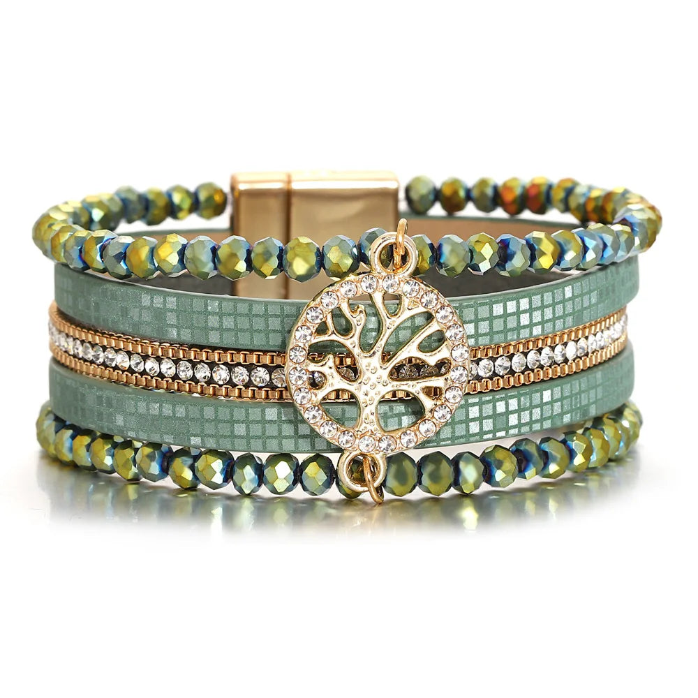 Pulsera boho multicapa árbol de la vida verde