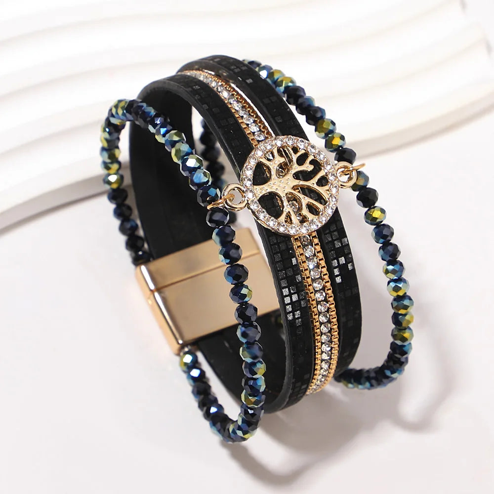 Pulsera boho multicapa árbol de la vida negro