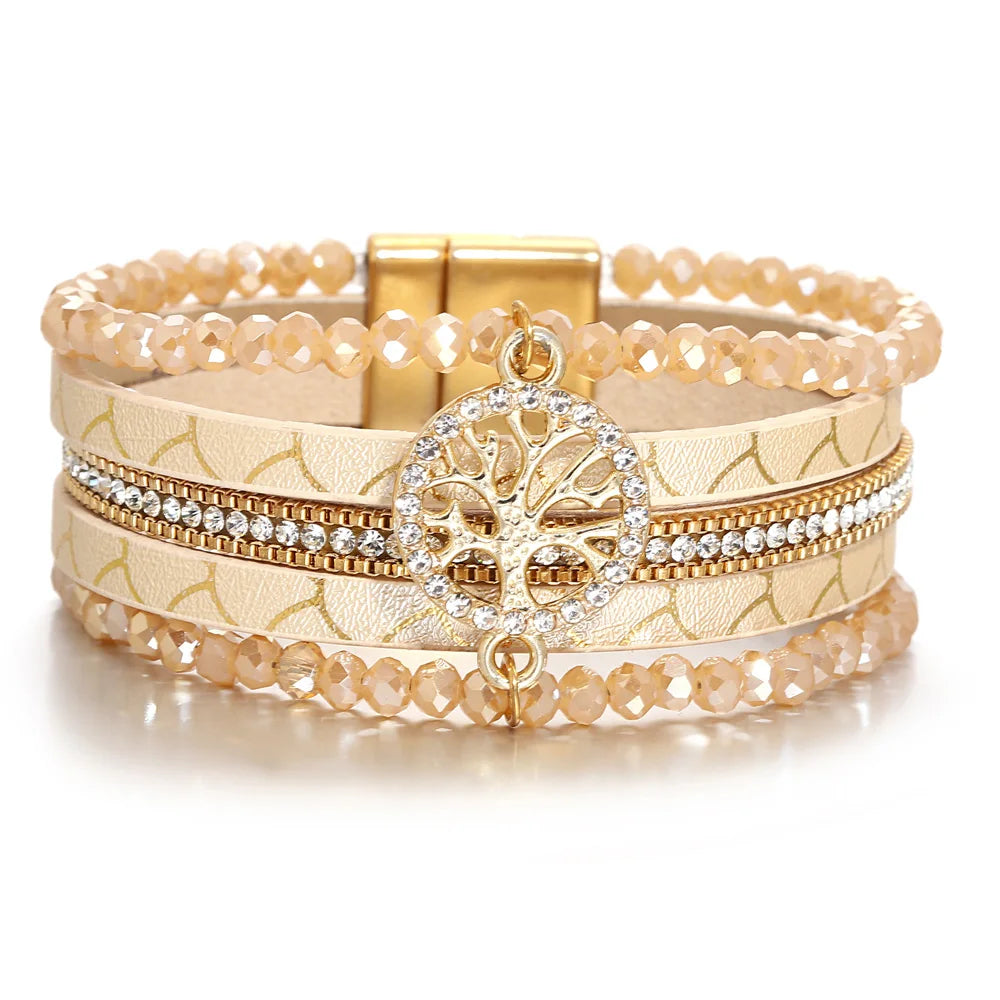 Pulsera boho multicapa árbol de la vida beige